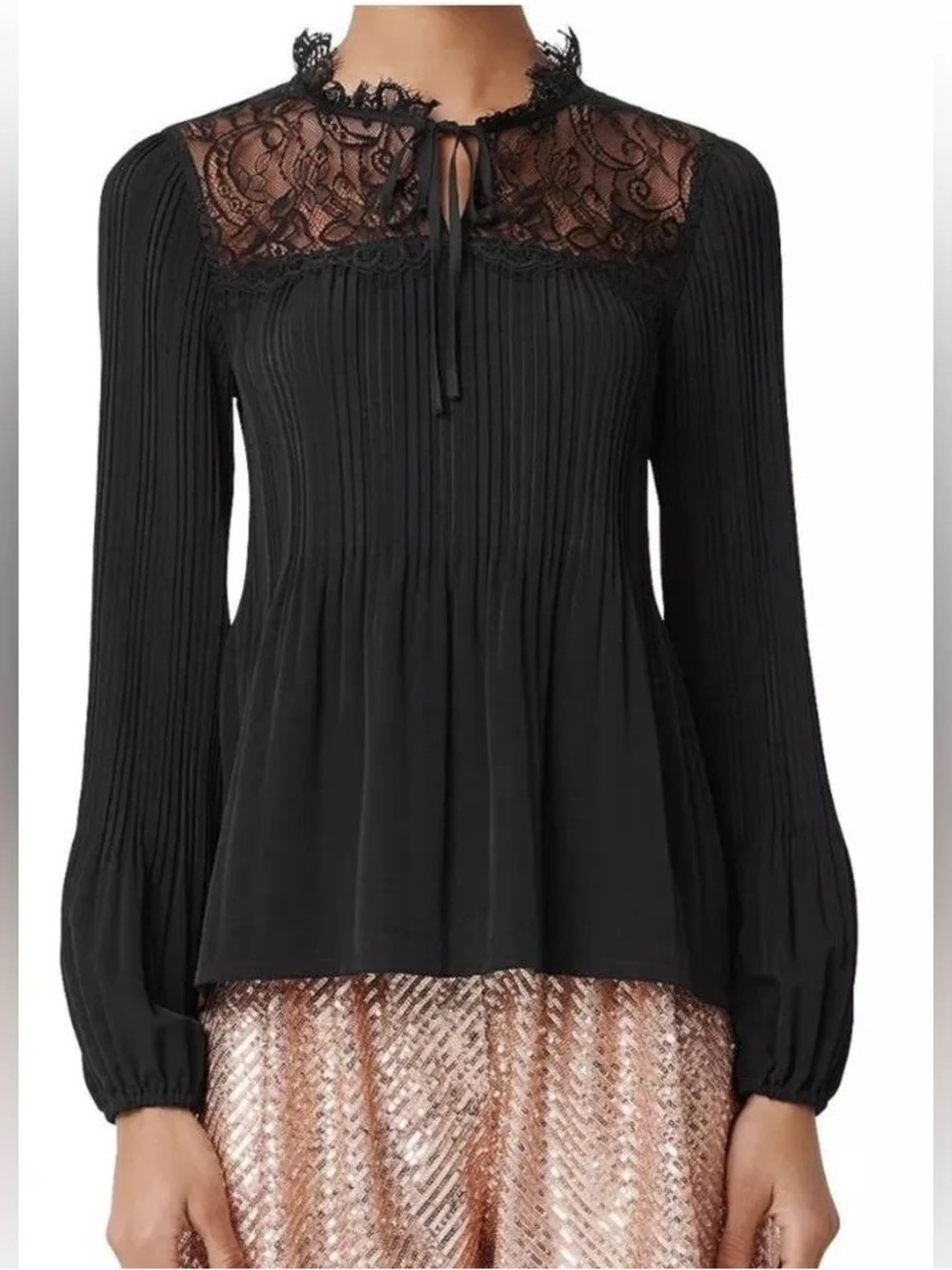 MAJE Rockette Black Lace Trim Pleated Top in Black